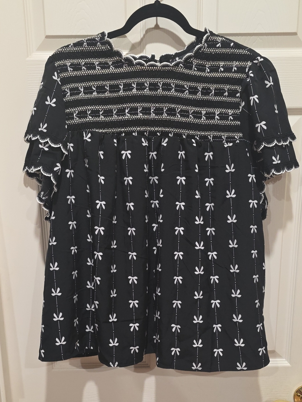 SHEIN Black Smocked Tunic with White Bow Embroidery